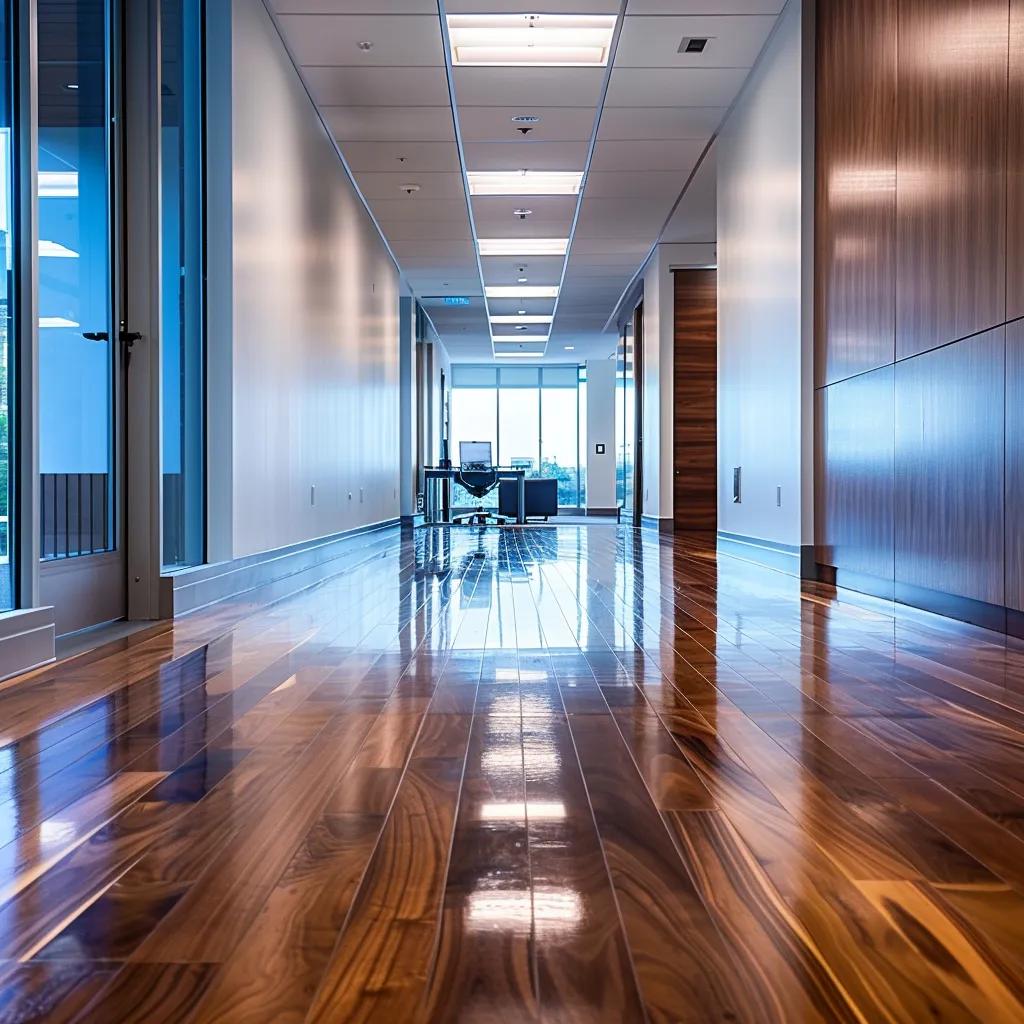 a modern, stylish office space showcases a sleek, polished hardwood floor with a glowing light reflecting off its surface, emphasizing the craftsmanship and professionalism of licensed flooring contractors in san antonio.