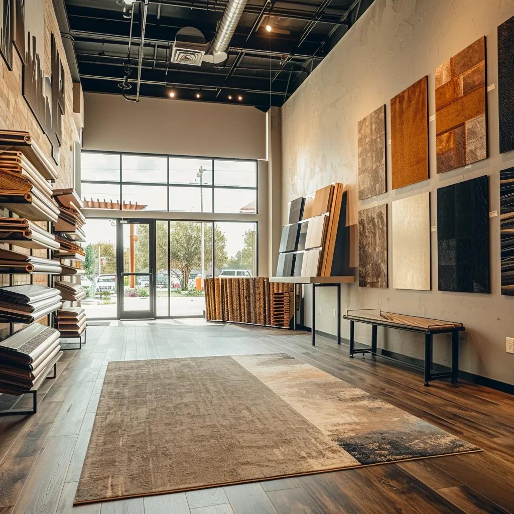 a modern, well-lit flooring showroom in san antonio showcases an array of high-quality, licensed flooring options, highlighting elegant wood and sleek vinyl designs against a backdrop of stylish interior decor.