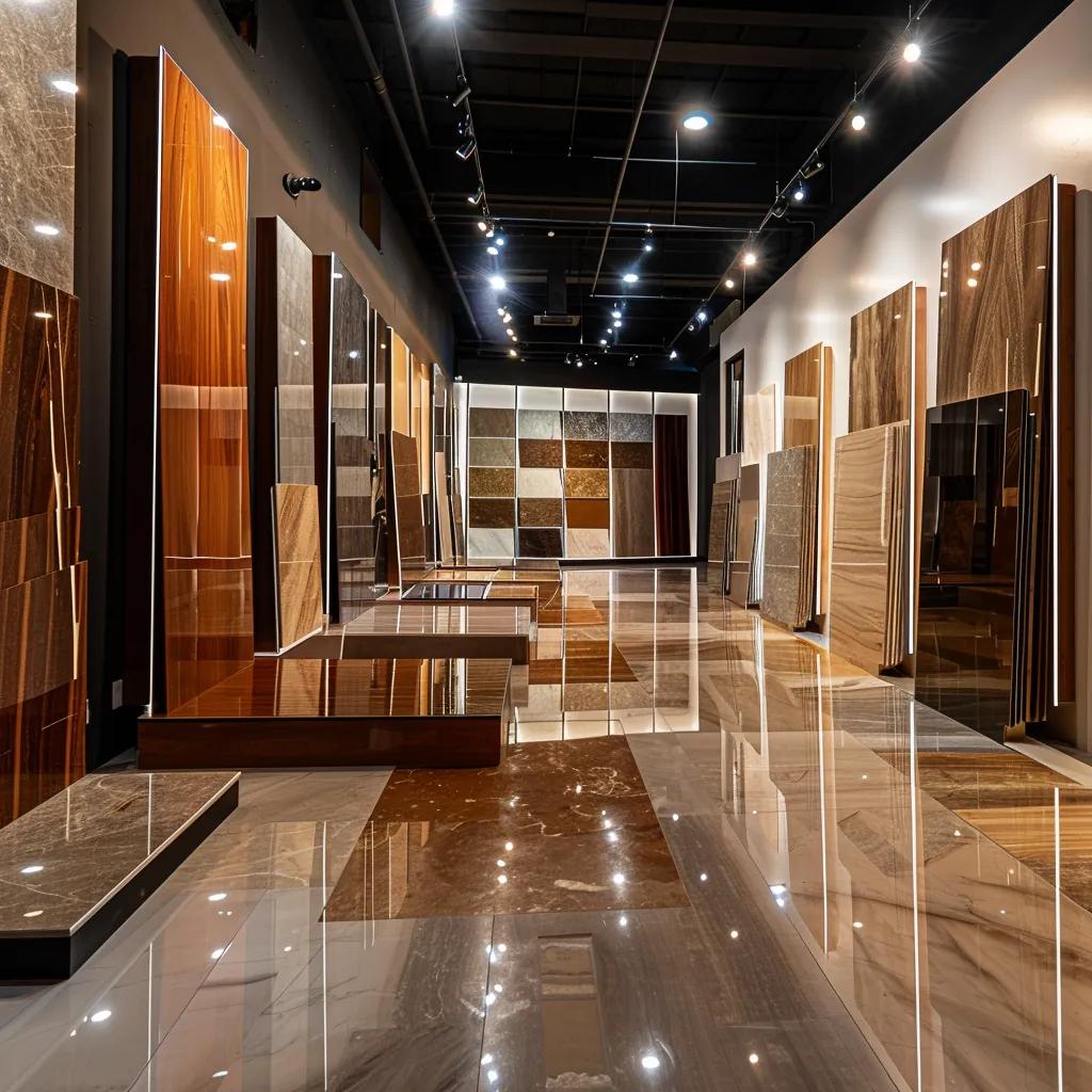 a sleek, modern flooring showroom in san antonio, featuring a diverse array of polished wood and vibrant tile samples displayed on elegant stands, illuminated by bright, focused spotlights to highlight the textures and colors.
