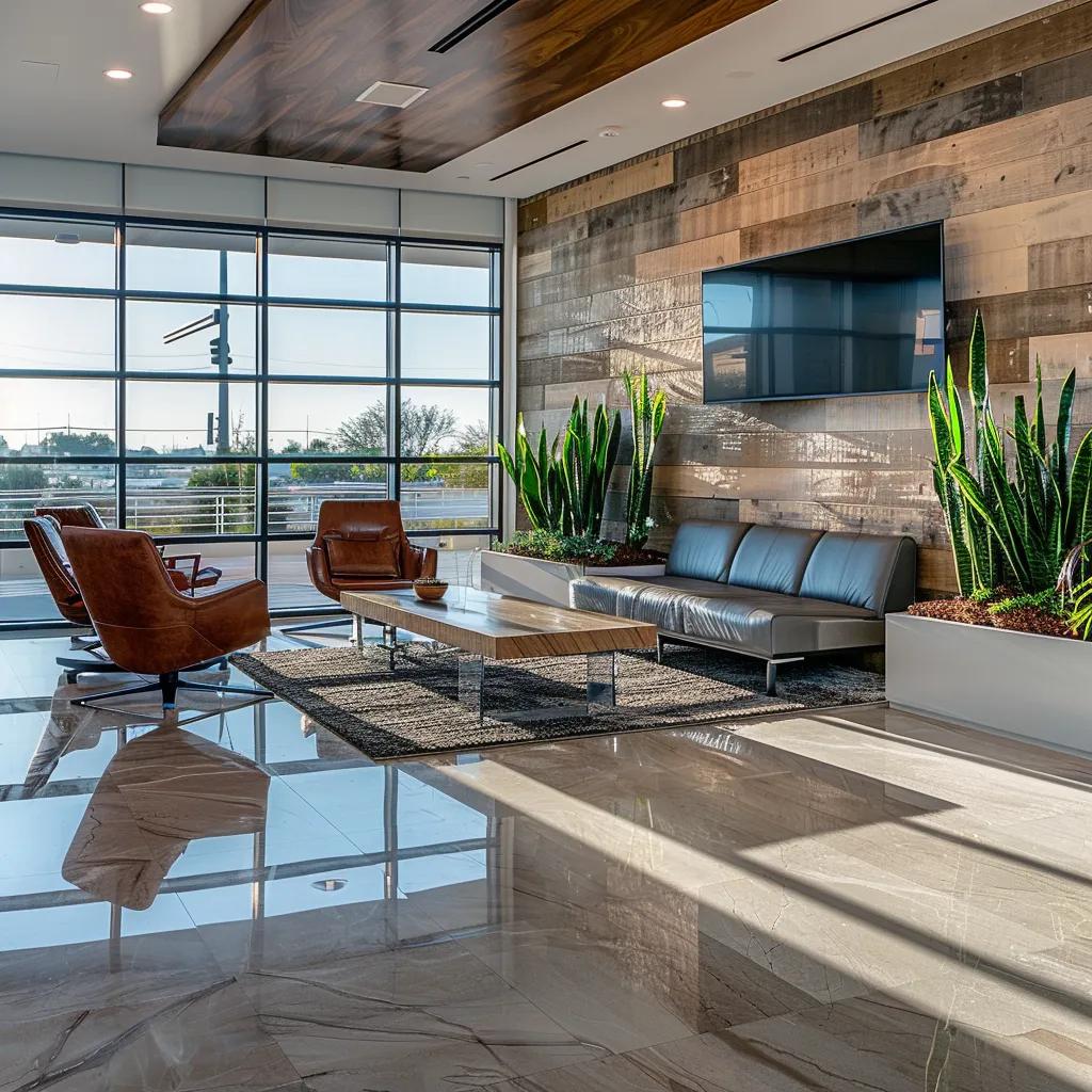 a sleek, modern office space in san antonio showcases impeccably installed professional flooring, emphasizing its importance through striking contrasts of texture and color in a bright, inviting atmosphere.