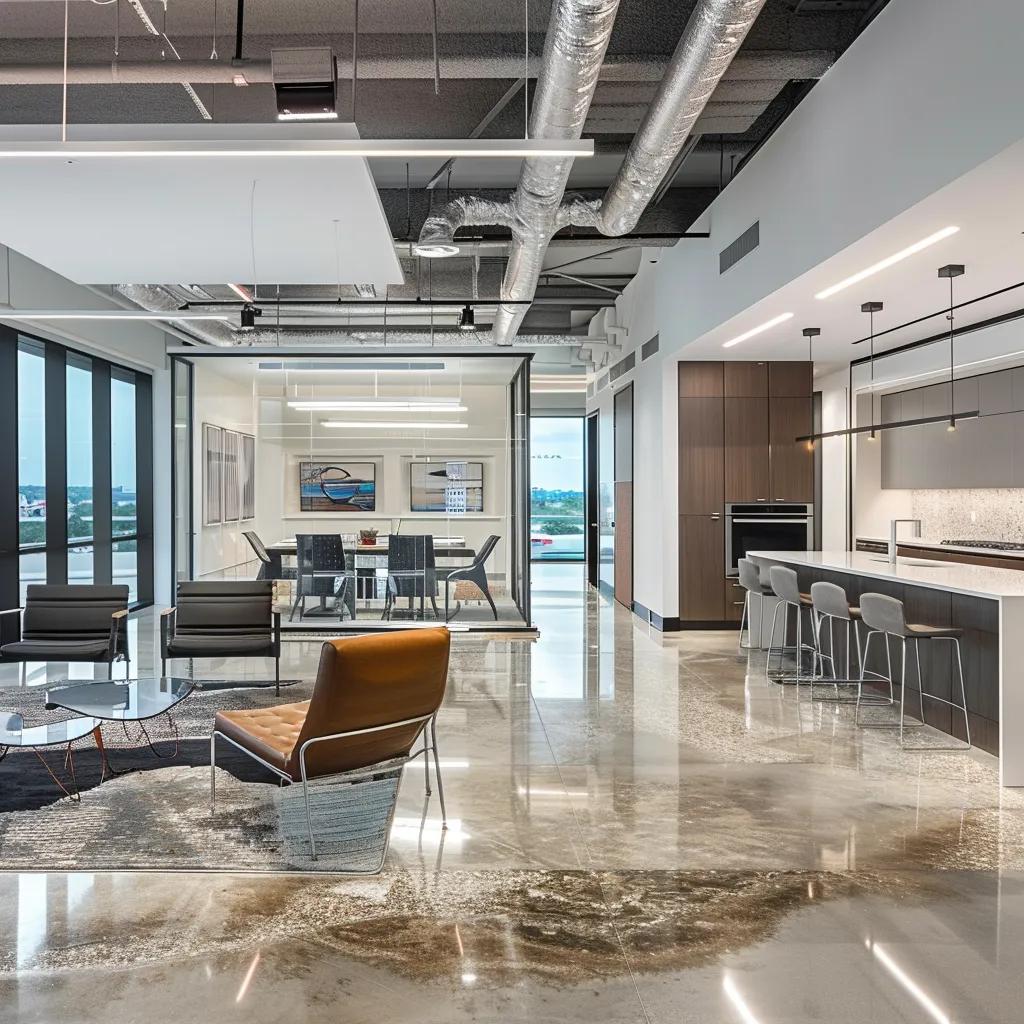 a sleek, modern office space in san antonio showcases a variety of licensed commercial flooring options, with vibrant textures and patterns under bright, focused lighting, emphasizing professionalism and design innovation.