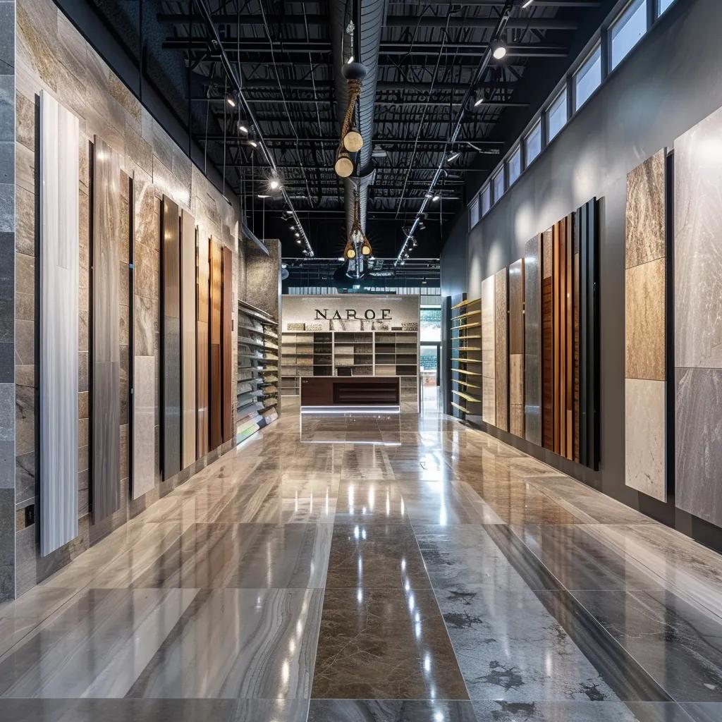 a stylish interior design showroom in san antonio showcases a diverse range of elegant flooring options, illuminated by bright, focused lighting that highlights the textures and colors of each material.