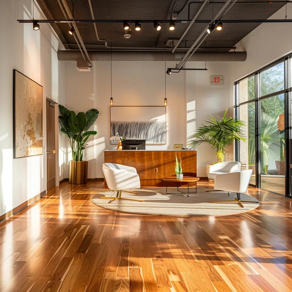 a modern office space in san antonio, featuring a polished wood flooring display, showcases a knowledgeable contractor engaging with clients over a detailed flooring plan, highlighted by sleek lighting and contemporary decor.