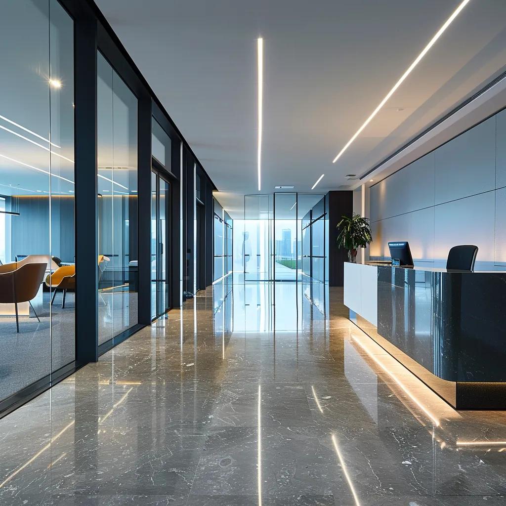 a sleek, modern office interior showcases an array of innovative flooring solutions with polished surfaces and dynamic patterns, accentuated by dramatic ambient lighting that highlights their professional elegance.