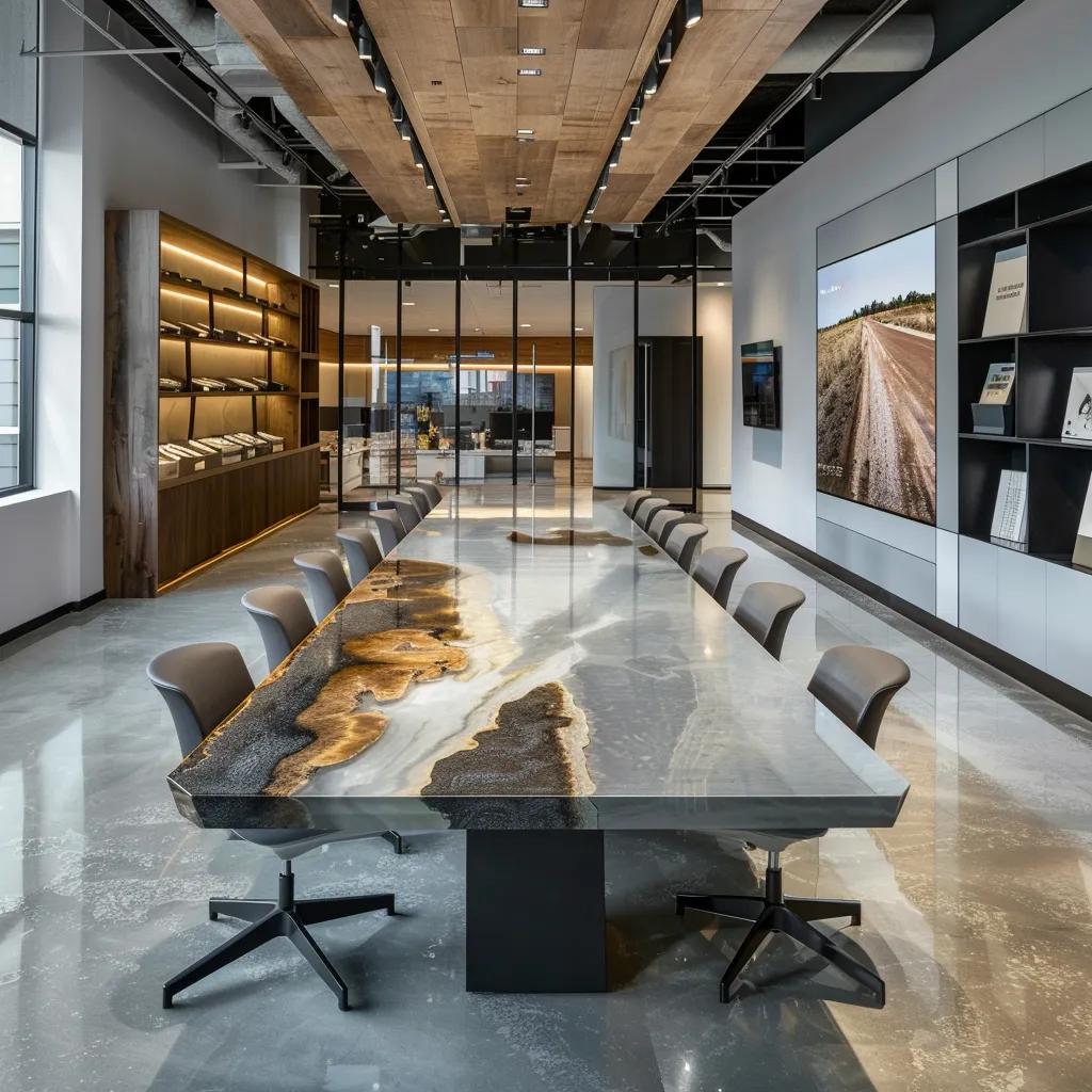 a sleek, modern office space features a stylish conference table surrounded by elegant flooring samples and a large screen displaying design options, highlighting a professional flooring consultation in san antonio.