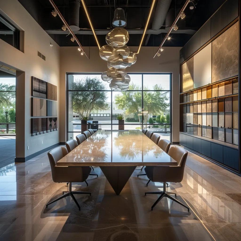 a sophisticated indoor consultation room in san antonio showcases a wide array of luxurious flooring samples, with a sleek, polished table at the center and modern lighting creating an inviting atmosphere for client meetings.