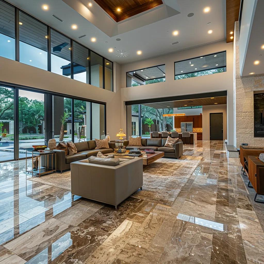 a stylish san antonio living room showcases a diverse selection of luxurious flooring options, highlighting elegant wood and sleek tile surfaces under warm, inviting ambient lighting.